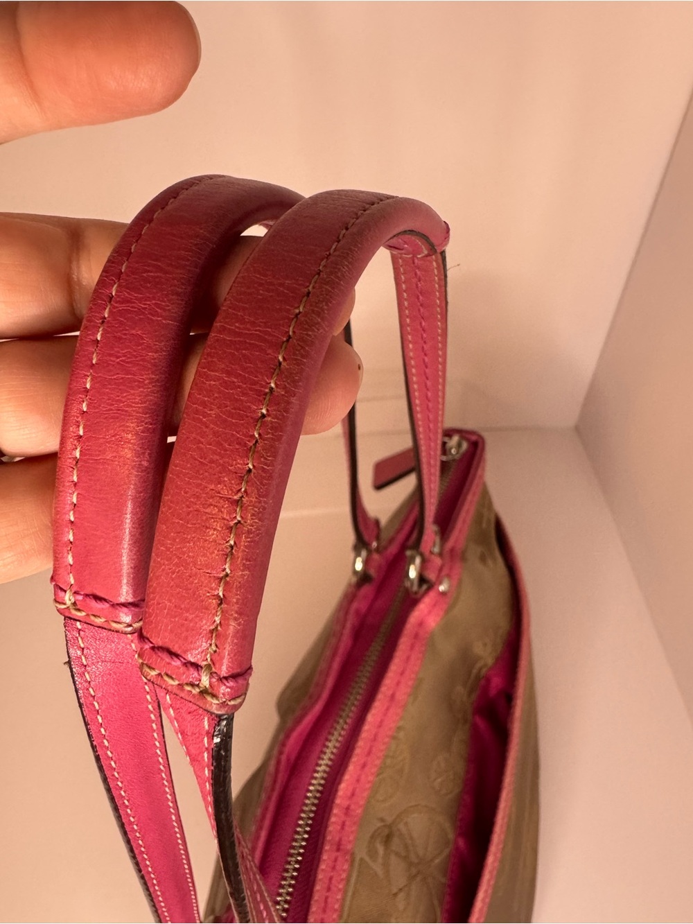#419 Coach Signature Khaki Satin Horse & Carriage w/ Pink Leather Shoulder Tote - Picture 6 of 17